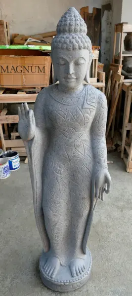 Product image 2 of the product “Standing Buddha with floral carving, Abudaya position. 40 x 31 x 154cm. Natural stone (river stone), stonemasonry ”